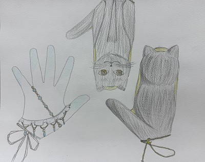 【今月の作品】2026年2月  「手袋のデザイン」宮島生夏さん(小6) 手袋デザイナーになった気分で、ミトンや五本指の手袋をデザインしました。